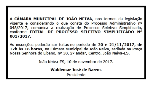 Câmara Municipal de João Neiva abre Processo Seletivo para contratação de Auxiliar de Serviços Gerais (Servente)